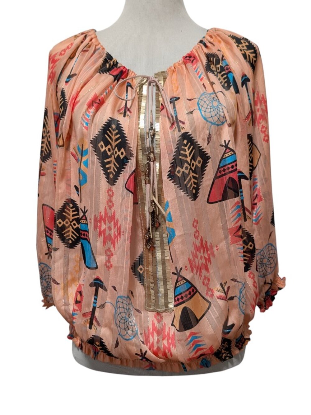 Laurie & Joe Womens OS Peach Native Teepee Bead Neck Tie Elastic Hem Boho Top